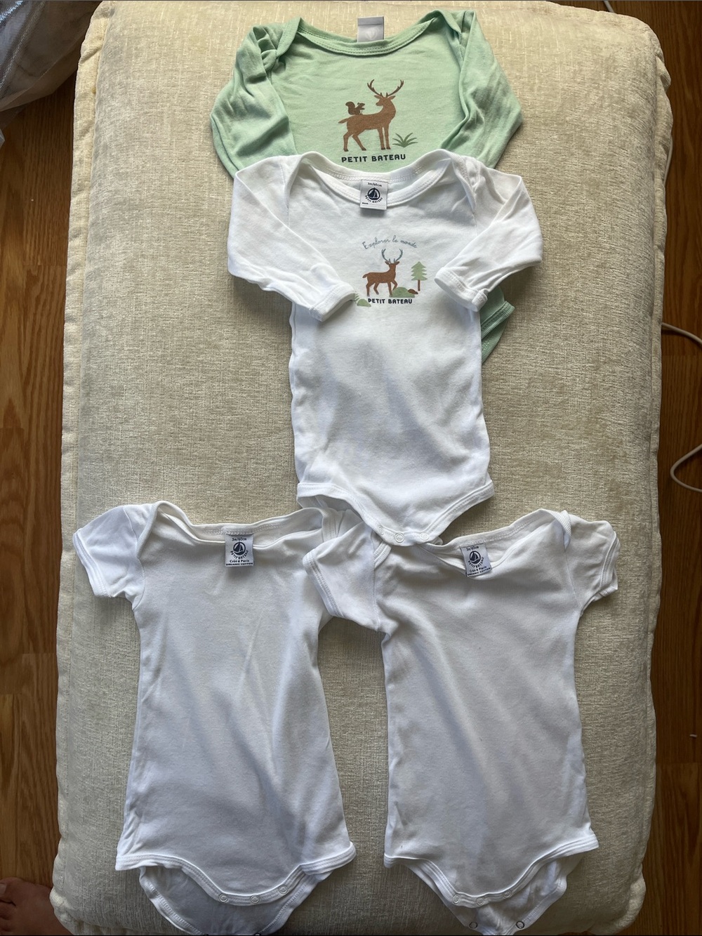 Petit Bateau White and Light Green Baby Onesie Set with Deer Motif